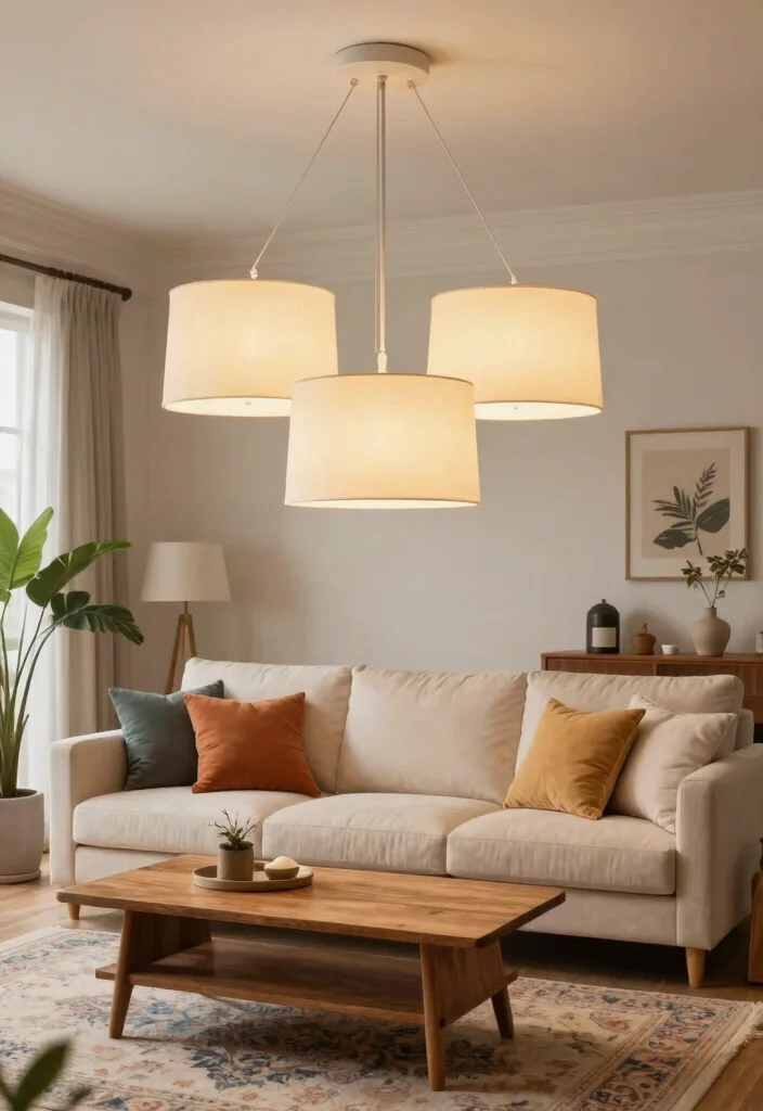 12 Pendant Lamp Living Room Ideas That Work With Low Ceilings - 9. Classic Drum Shades 1