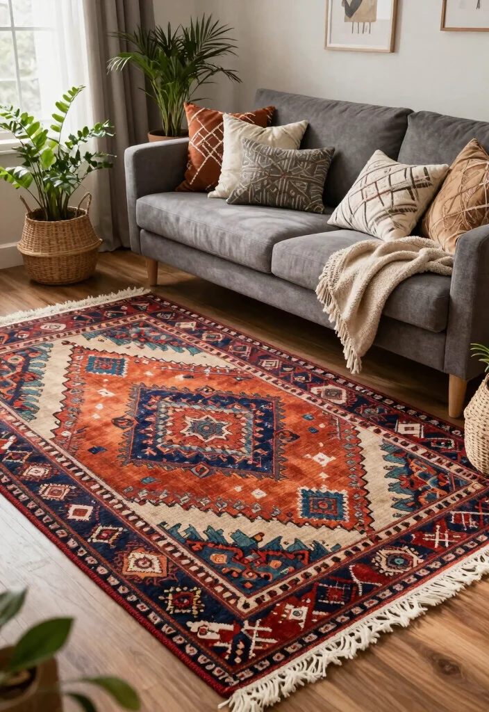 14 Area Rug for Grey Couch Picks That Add Warmth Without Clashing 6 14 Area Rug for Grey Couch Picks That Add Warmth Without Clashing - 6. Bohemian-Style Kilim Rug 1
