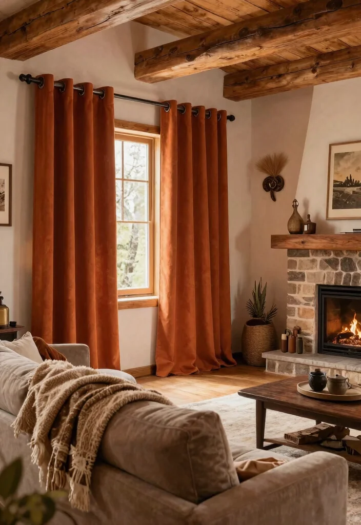 14 Burnt Orange Curtains That Warm Up Neutral Rooms Instantly 12 14 Burnt Orange Curtains That Warm Up Neutral Rooms Instantly - 12. Cozy Cabin Appeal 1