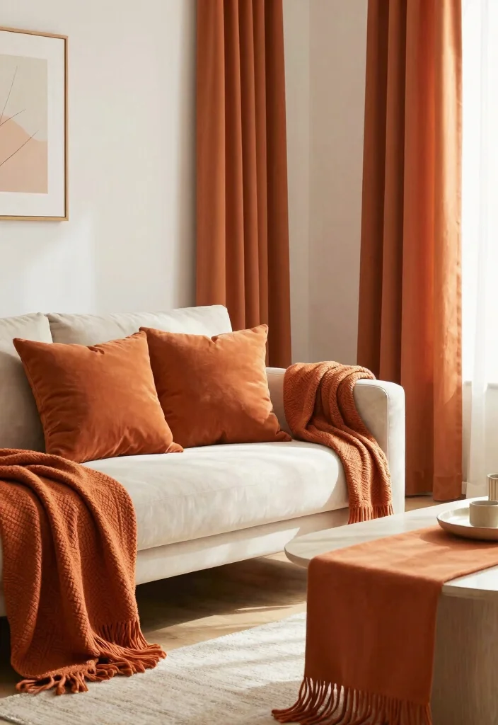14 Burnt Orange Curtains That Warm Up Neutral Rooms Instantly 13 14 Burnt Orange Curtains That Warm Up Neutral Rooms Instantly - 13. Accents of Burnt Orange Fabrics 1