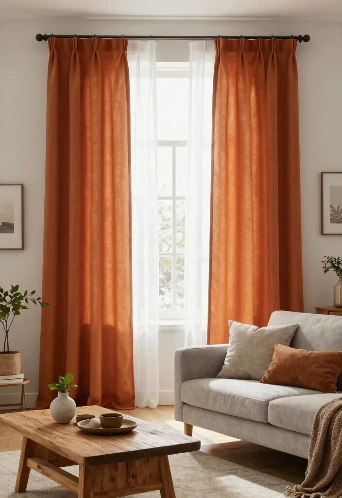 14 Burnt Orange Curtains That Warm Up Neutral Rooms Instantly 4 14 Burnt Orange Curtains That Warm Up Neutral Rooms Instantly - 4. Layering with Sheers 1