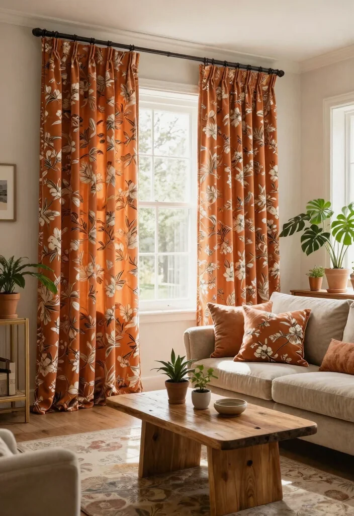 14 Burnt Orange Curtains That Warm Up Neutral Rooms Instantly 8 14 Burnt Orange Curtains That Warm Up Neutral Rooms Instantly - 8. Farmhouse Floral Prints 1