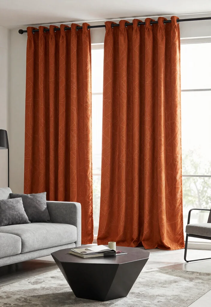 14 Burnt Orange Curtains That Warm Up Neutral Rooms Instantly 9 14 Burnt Orange Curtains That Warm Up Neutral Rooms Instantly - 9. Geometric Patterns for Modern Flair 1