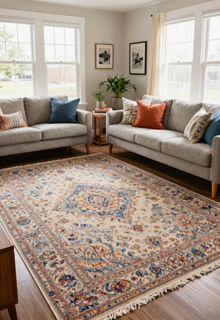 14 Carpet Ideas Living Room Modern Spaces That Hide Stains and Wear - 9. Elegant Faded Vintage Rugs 1