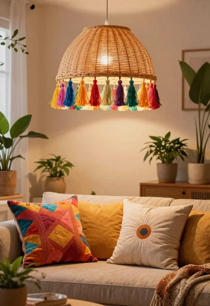 14 Rattan Lamp Shade Ideas That Add Warmth to Cool Rooms 7 14 Rattan Lamp Shade Ideas That Add Warmth to Cool Rooms - 7. Rattan Shades with Color Accents 1