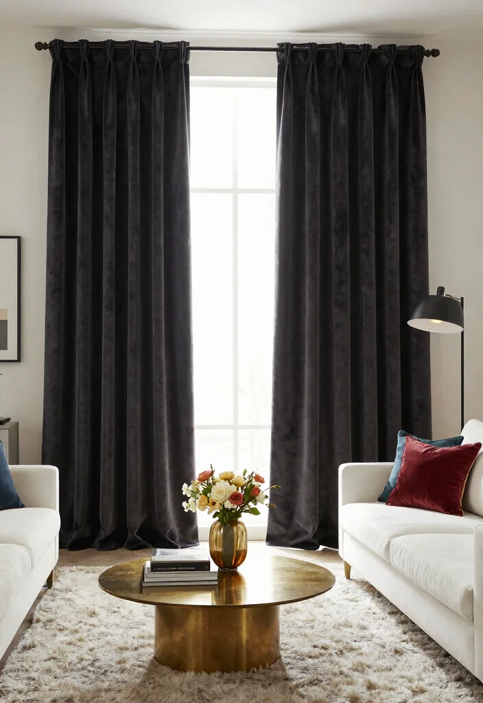 15 Velvet Living Room Curtains That Block Drafts and Noise - 1. Deep Charcoal Elegance 1