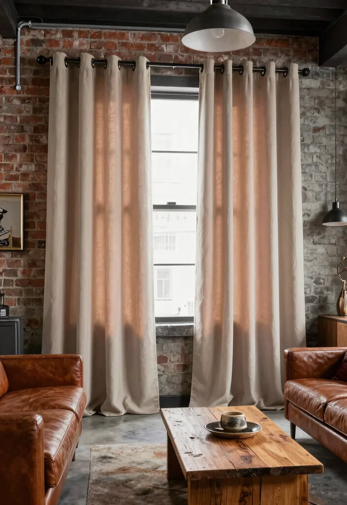 15 Vintage Curtains Living Room Setups That Don't Look Dated - 13. Blending Vintage and Industrial Styles 1