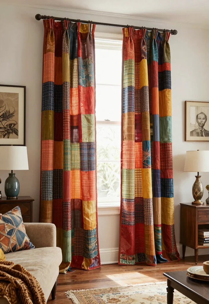 15 Vintage Curtains Living Room Setups That Don't Look Dated - 15. Repurposing Vintage Fabric for Custom Curtains 1