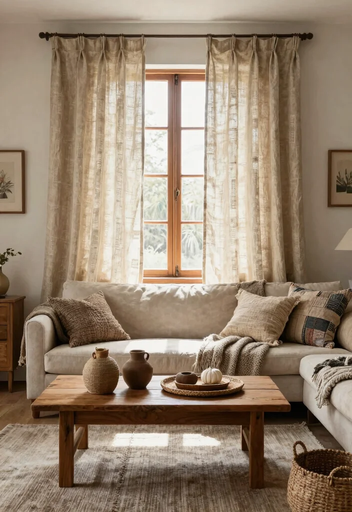 15 Vintage Curtains Living Room Setups That Don't Look Dated - 4. Rustic Charm with Natural Textures 1