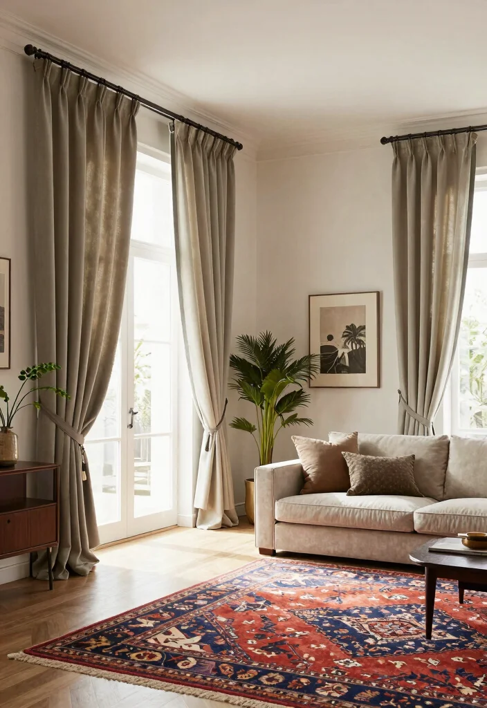 15 Vintage Curtains Living Room Setups That Don't Look Dated - 7. Hanging Curtains from the Ceiling 1