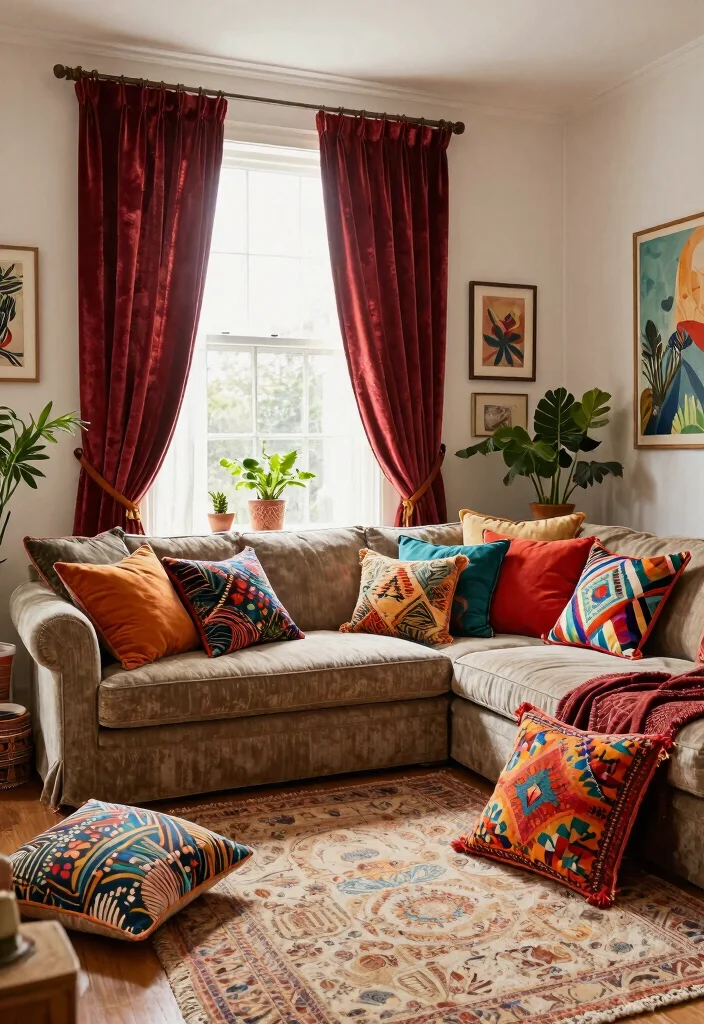 15 Vintage Curtains Living Room Setups That Don't Look Dated - 9. Eclectic Mix of Textiles 1