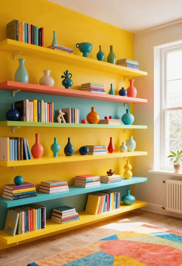 18 Floating Shelf Ideas That Hold Heavy Books Without Sagging 5 18 Floating Shelf Ideas That Hold Heavy Books Without Sagging - 5. Colorful Painted Shelves 1