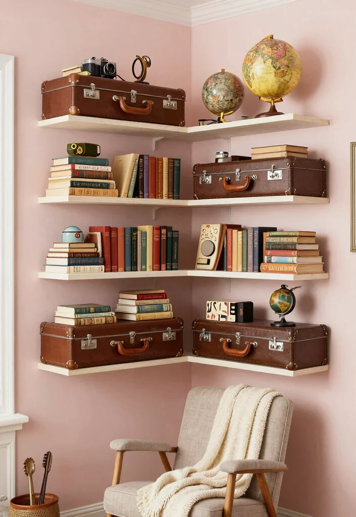 18 Floating Shelf Ideas That Hold Heavy Books Without Sagging 8 18 Floating Shelf Ideas That Hold Heavy Books Without Sagging - 8. Vintage Suitcase Shelves 1