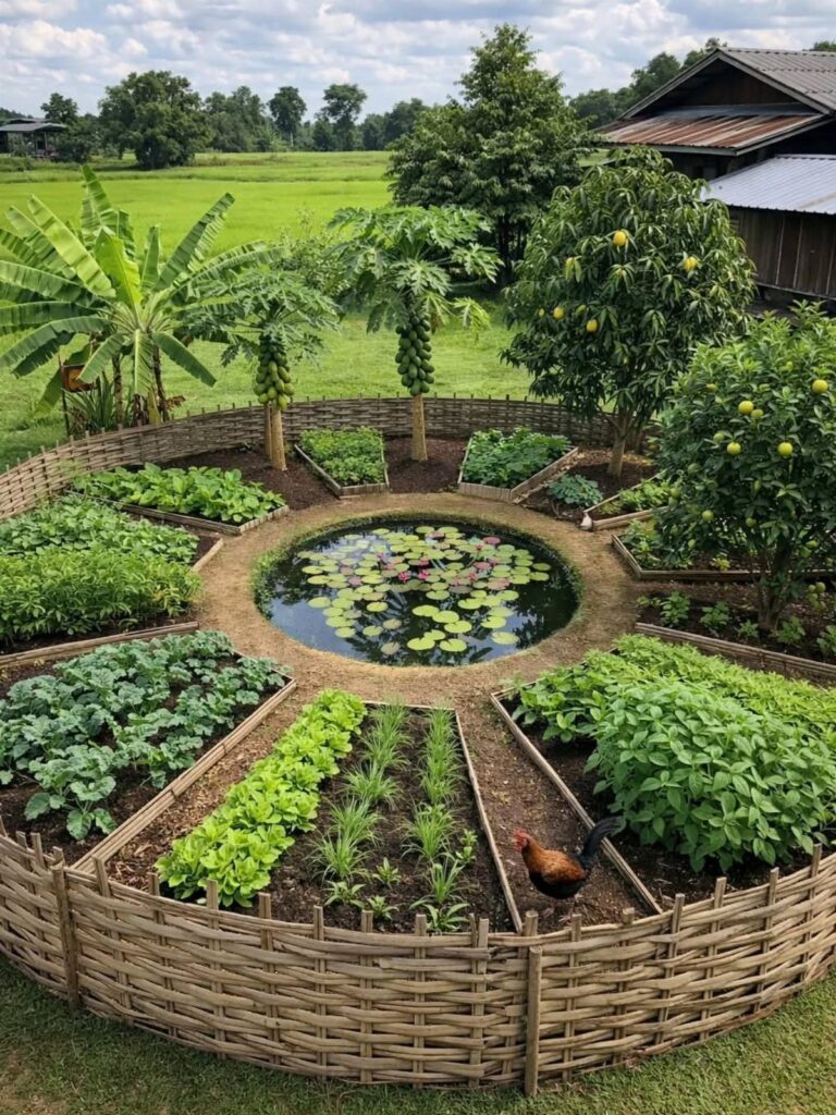 A circular vegetable garden with a central lily pond and woven bamboo fencing in a field.