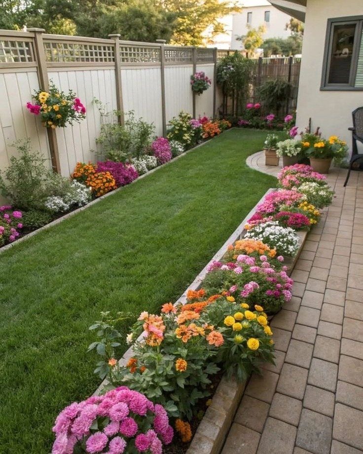 A narrow green lawn strip bordered by vibrant, colorful flower beds and a paved walkway.