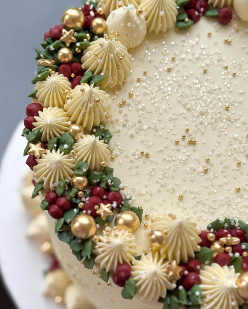 A white frosted Christmas cake decorated with cream swirls, red berries, green leaves, and gold pearls.