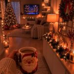 A person holds a Santa Claus mug in a warm, festively decorated living room.