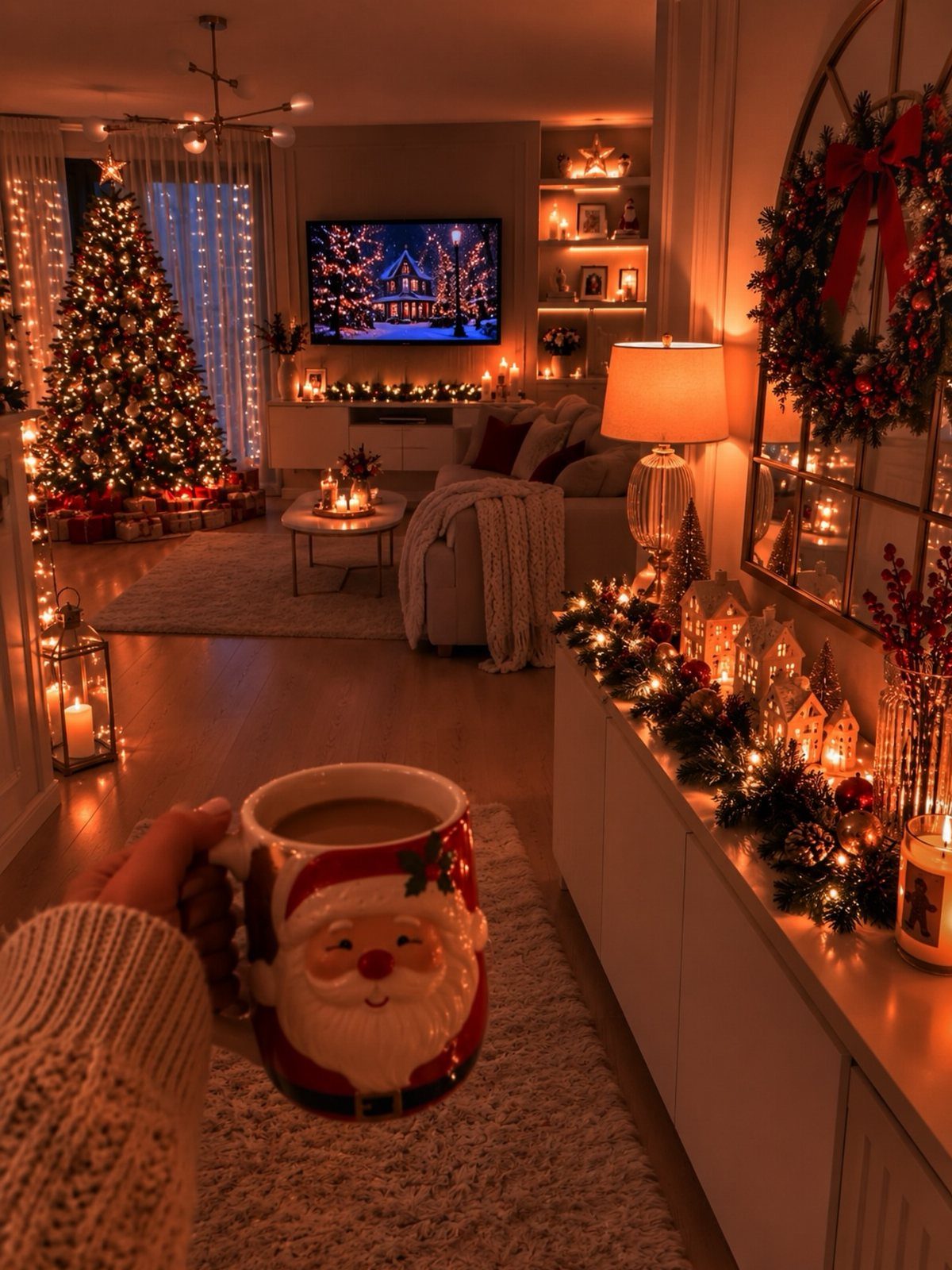 A person holds a Santa Claus mug in a warm, festively decorated living room.