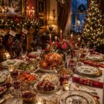 A festive Christmas dinner table featuring a roasted turkey, side dishes, and elegant holiday decorations in a warm room.