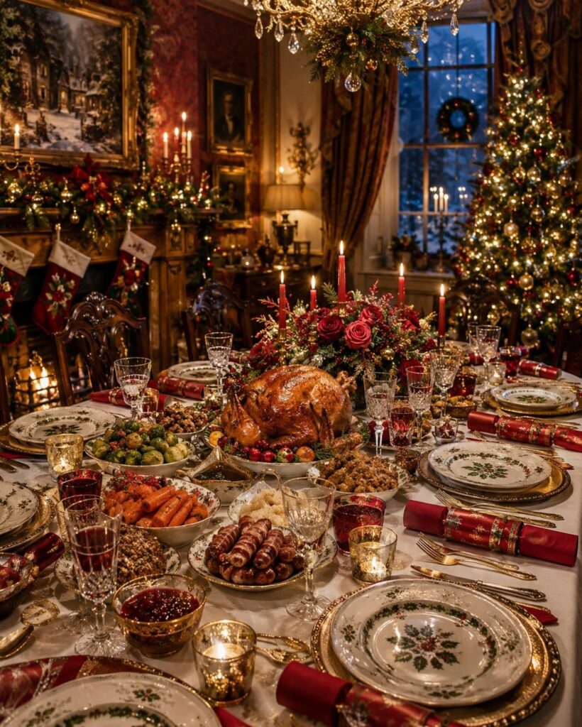 A festive Christmas dinner table featuring a roasted turkey, side dishes, and elegant holiday decorations in a warm room.