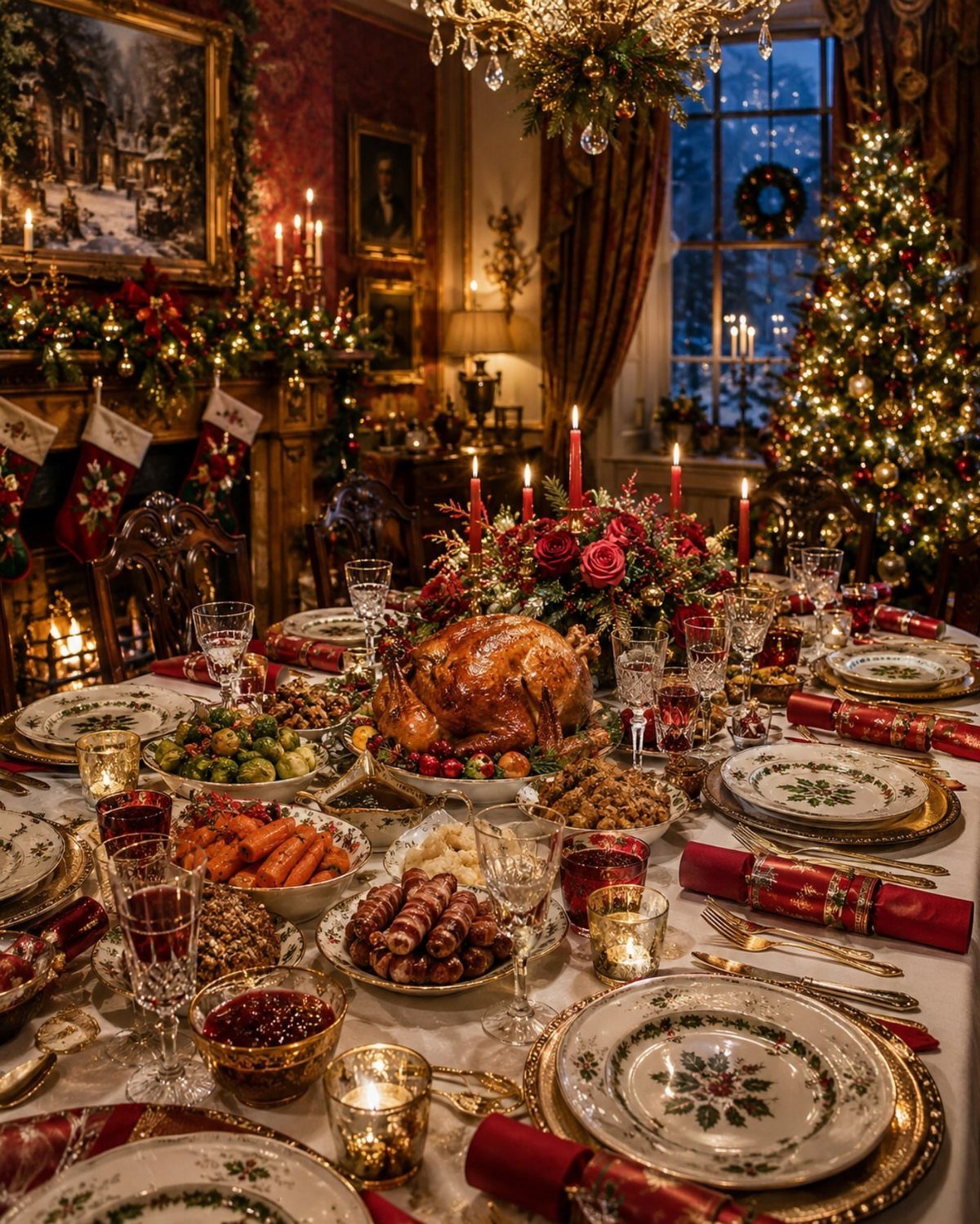 A festive Christmas dinner table featuring a roasted turkey, side dishes, and elegant holiday decorations in a warm room.