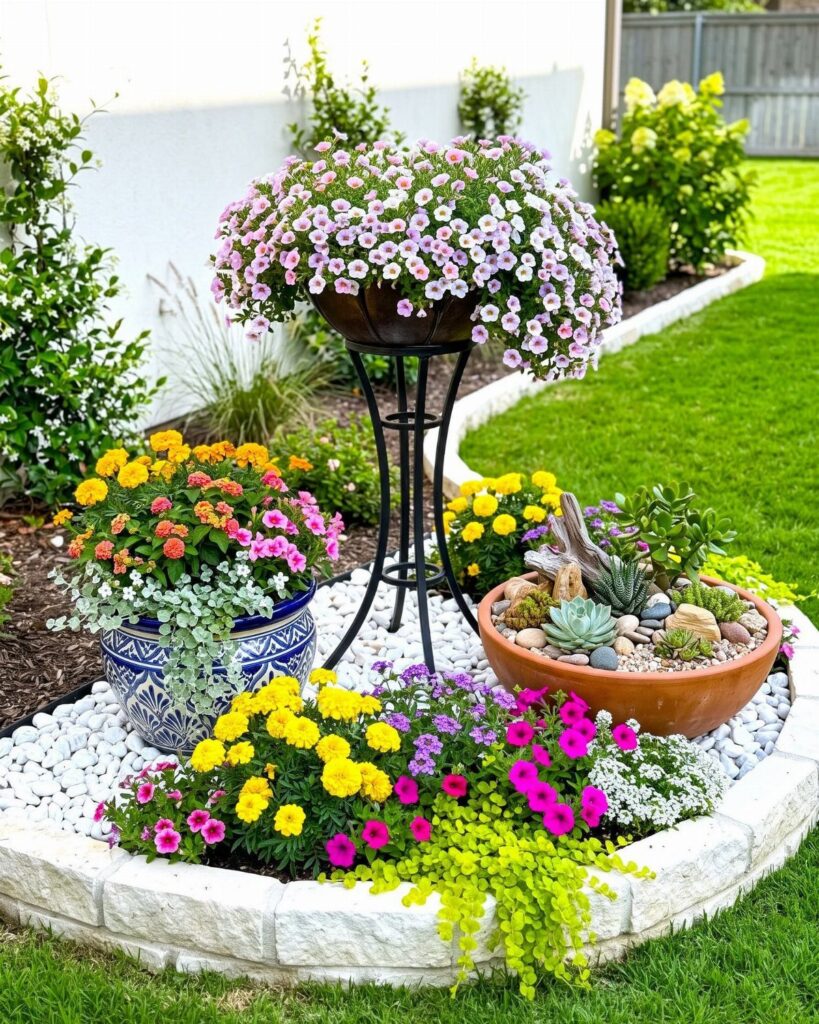 A colorful corner garden bed with various potted flowers and succulents in a landscaped yard.