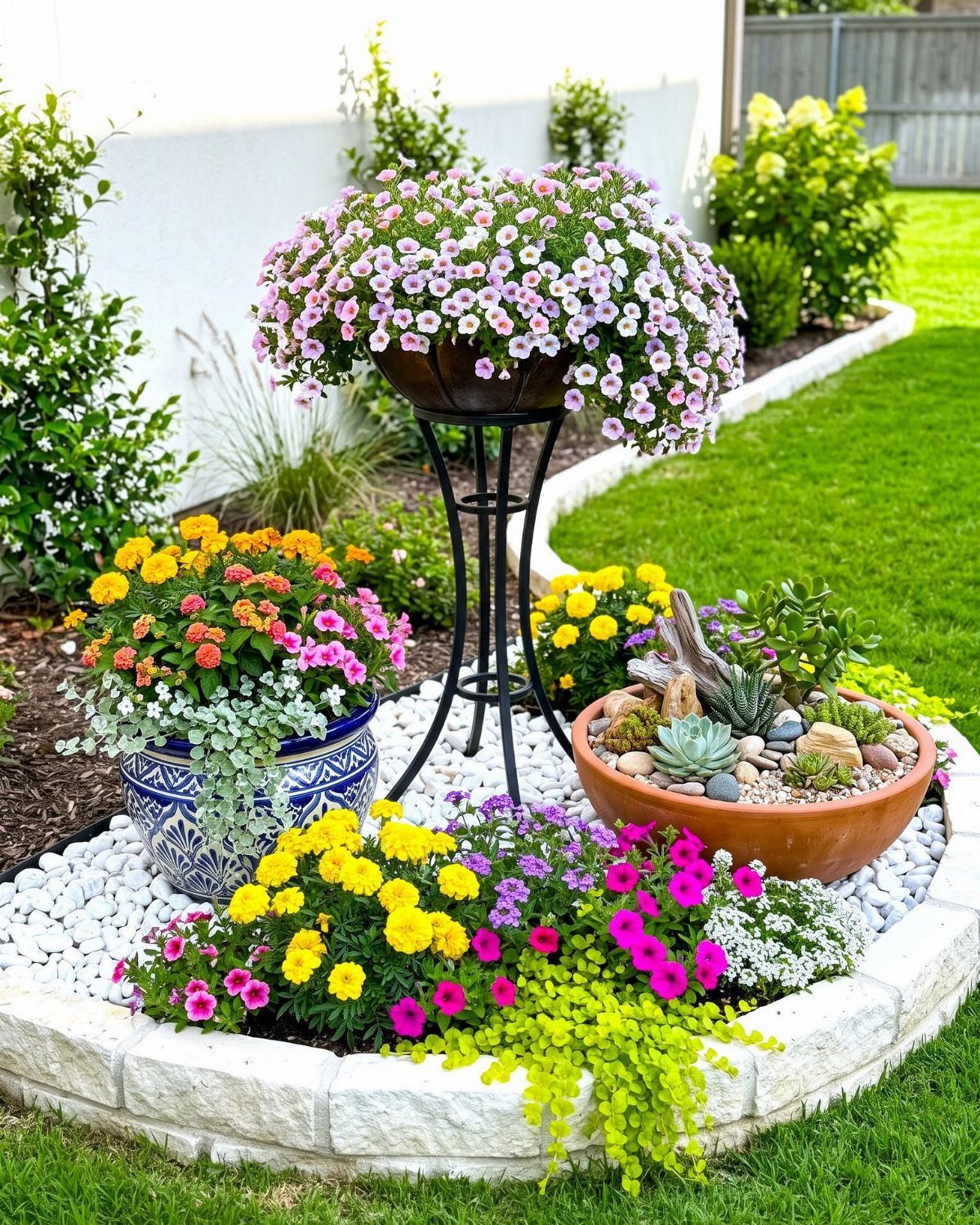 A colorful corner garden bed with various potted flowers and succulents in a landscaped yard.