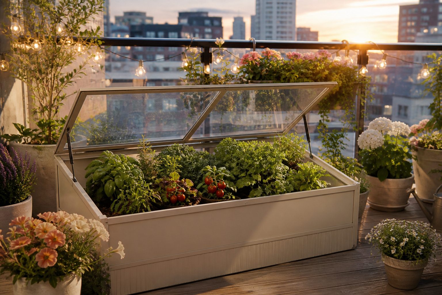 Small urban balcony garden at sunset with a covered garden box in foreground