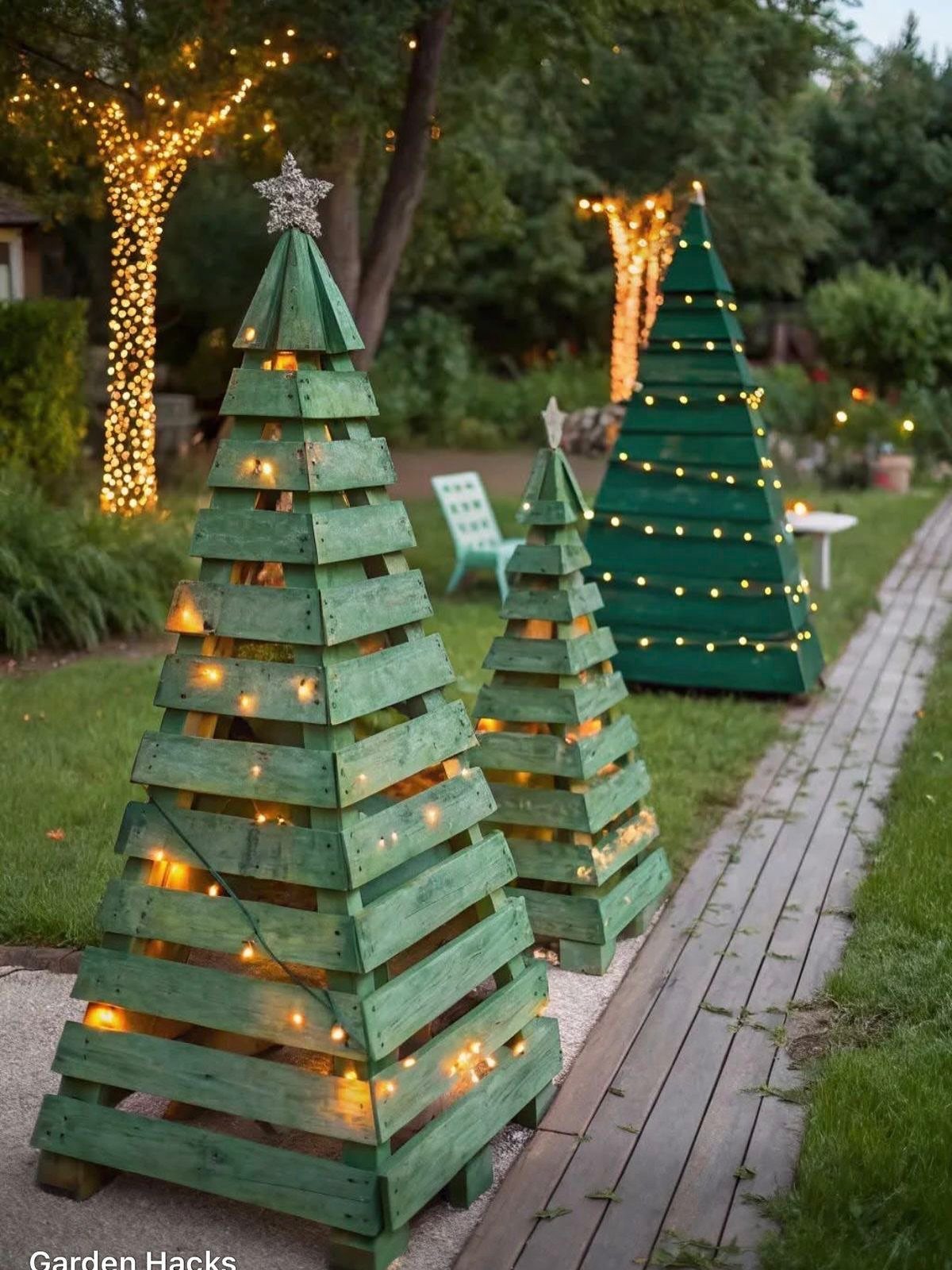 Three green wooden pallet trees decorated with warm glowing lights in a garden setting.