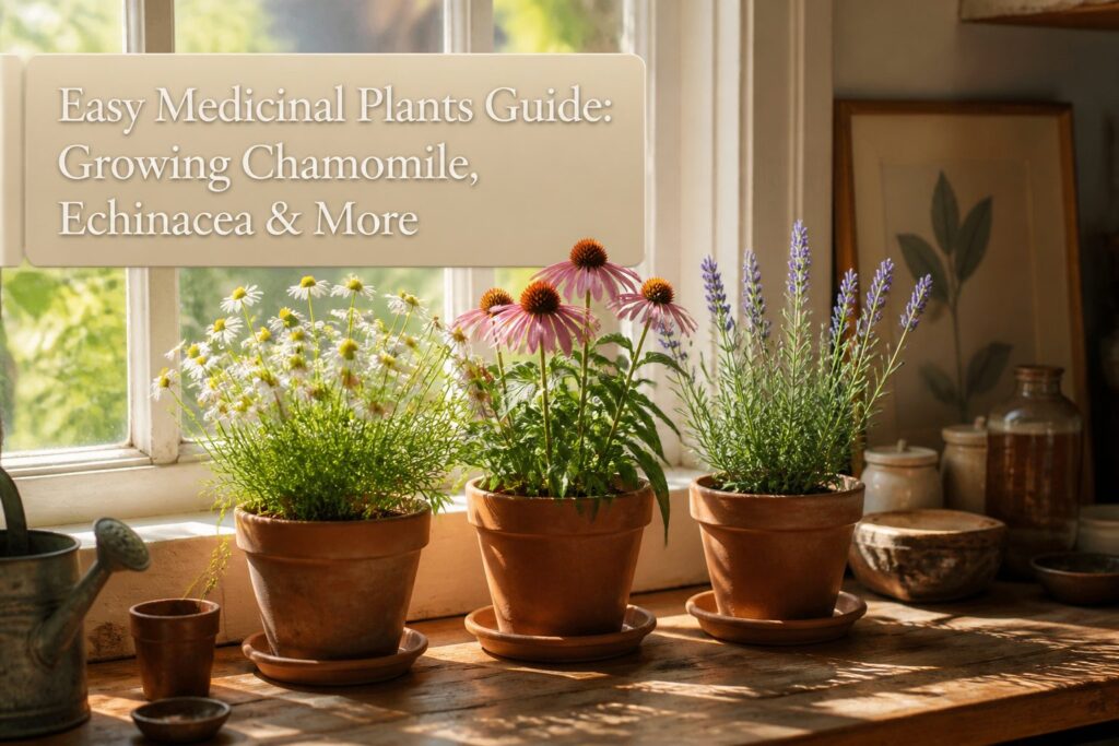 Various medicinal plants displayed in a garden setting.