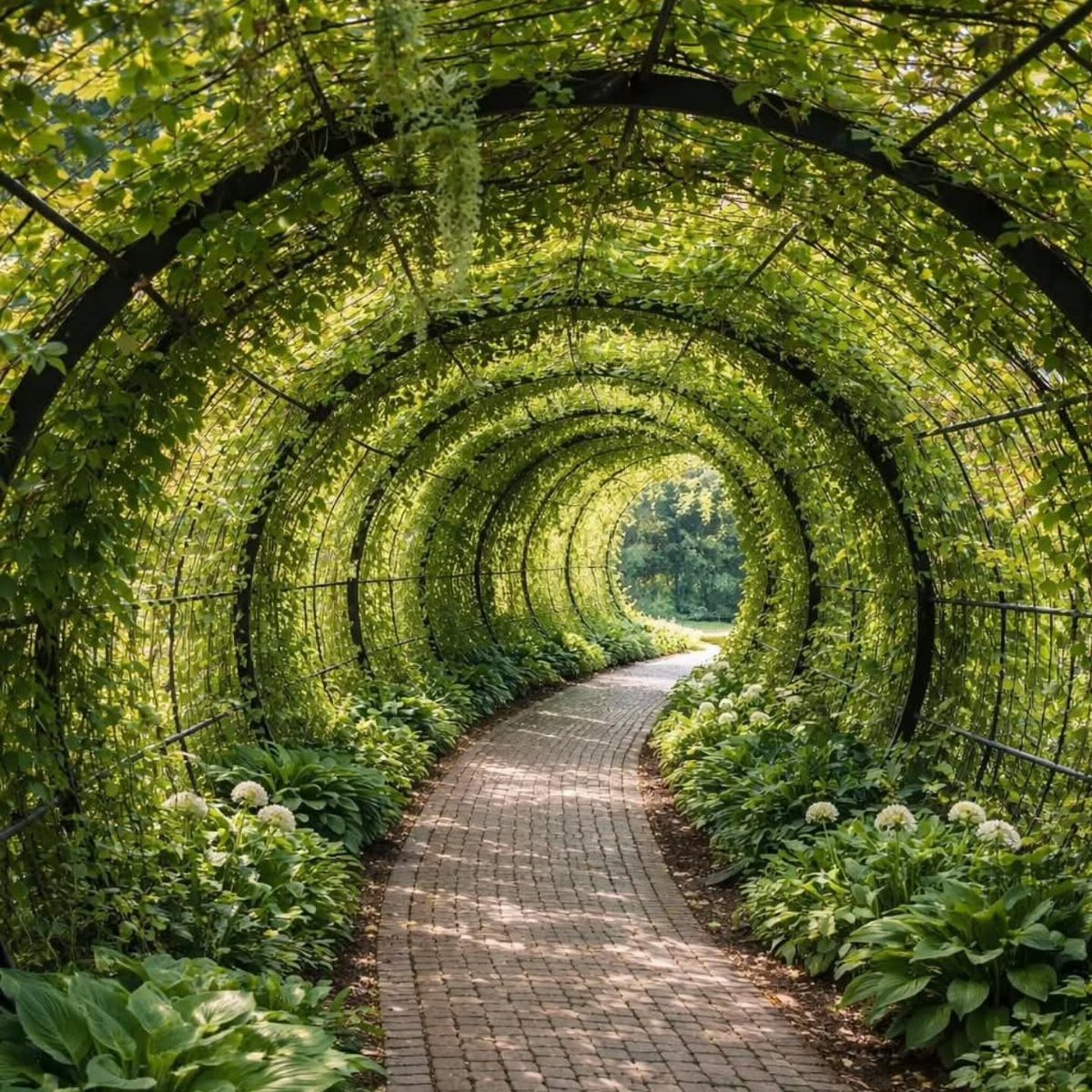 A brick pathway winding through a lush green garden tunnel made of metal trellises and climbing vines.