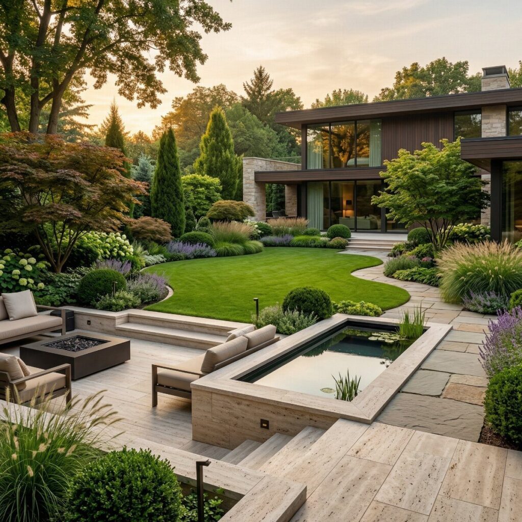Manicured modern garden with a reflecting pool, green lawn, and stone patio surrounding a contemporary house.