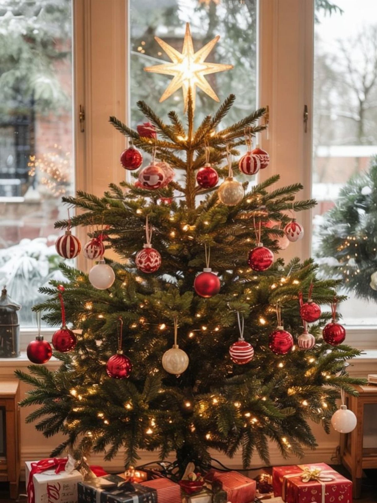Decorated Christmas tree with red ornaments, warm lights, and a golden star topper in front of a window.
