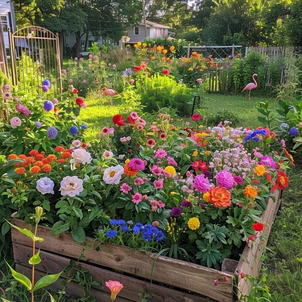 Colorful wildflowers blooming densely within a rustic wooden raised garden bed in a sunny backyard.
