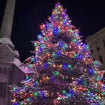 A large Christmas tree covered in colorful lights and snow against a dark night sky.