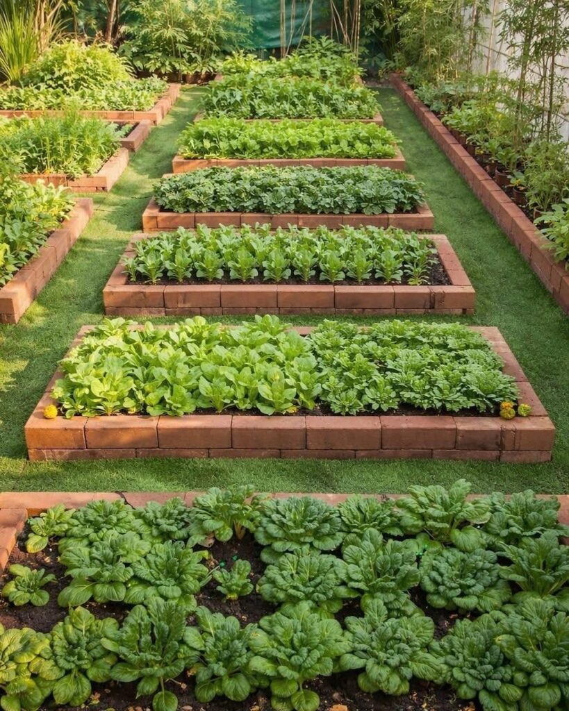 Rectangular brick raised garden beds filled with various green leafy vegetables arranged on a green lawn.