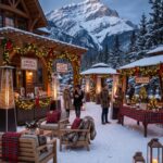 People socializing at an outdoor winter party decorated with Christmas lights and festive garlands near snowy mountains.