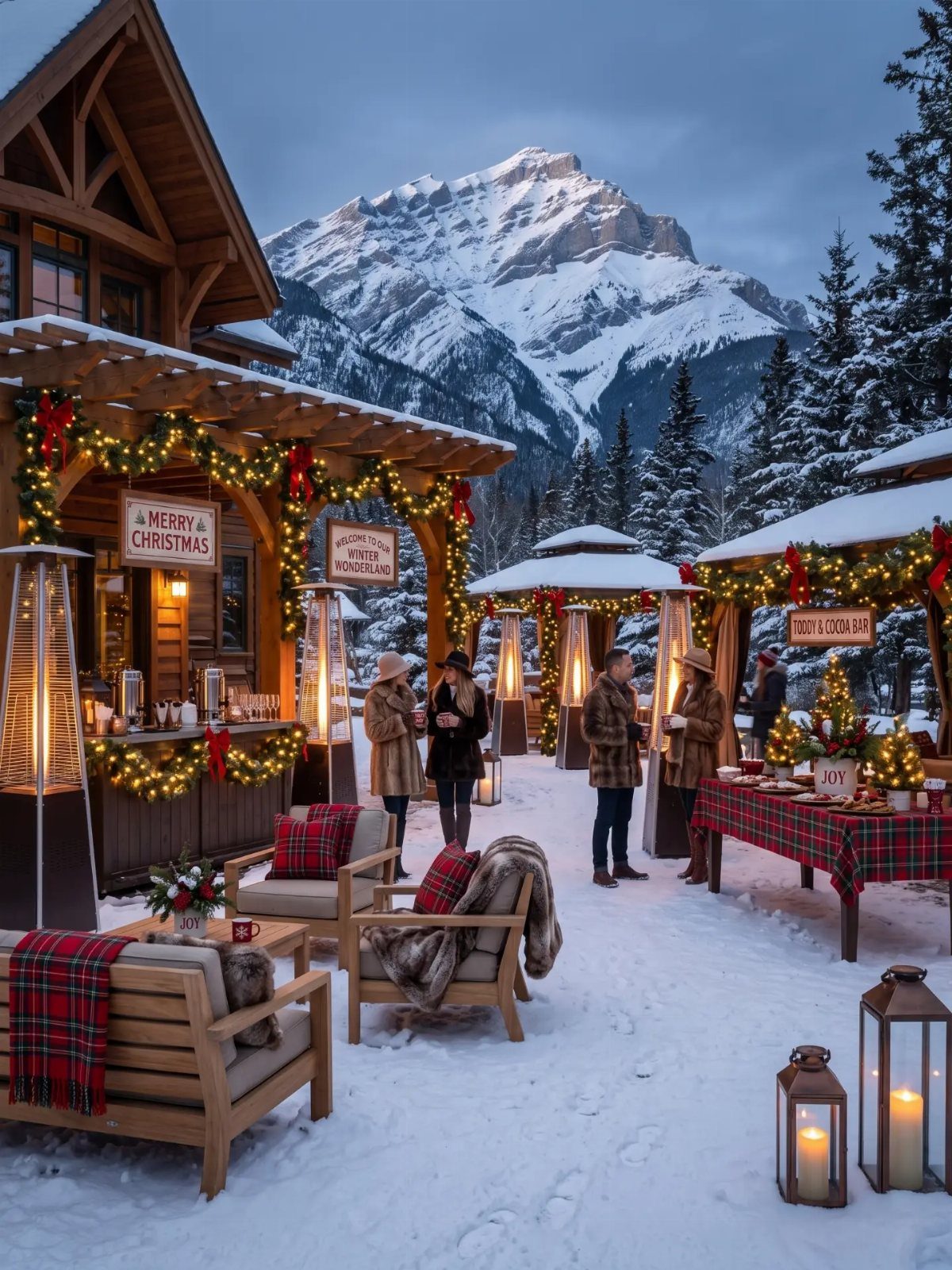 People socializing at an outdoor winter party decorated with Christmas lights and festive garlands near snowy mountains.